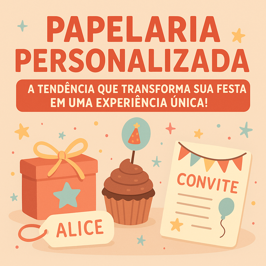 Ilustração colorida de itens de papelaria personalizada para festas — convites, tags, toppers e confetes.